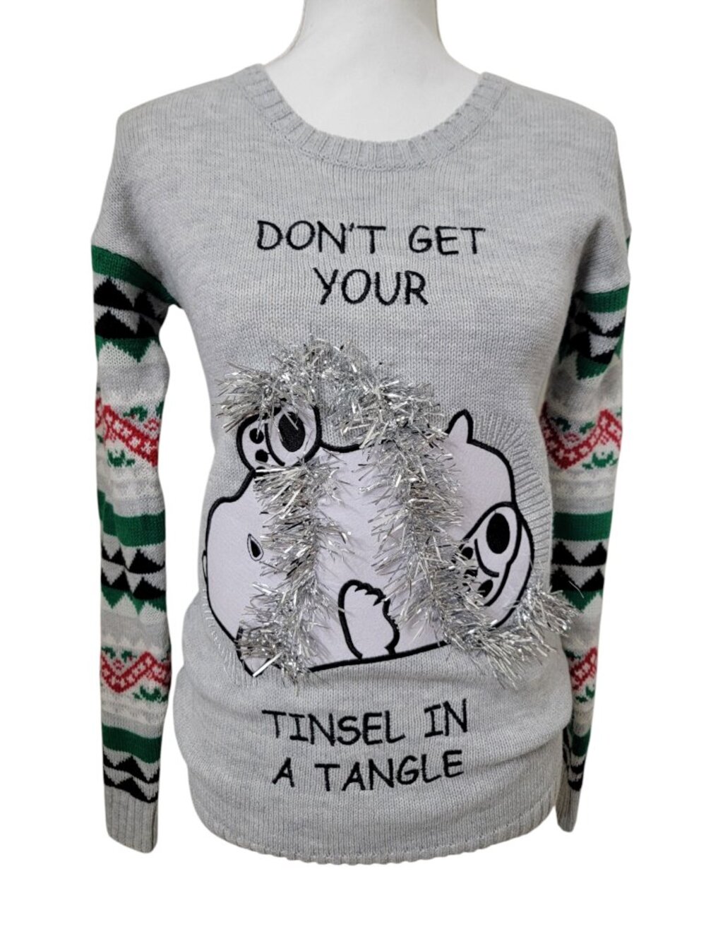 With Love Derek Size S Gray "Don't Get Your Tinsel in a Tangle" Ugly Sweater